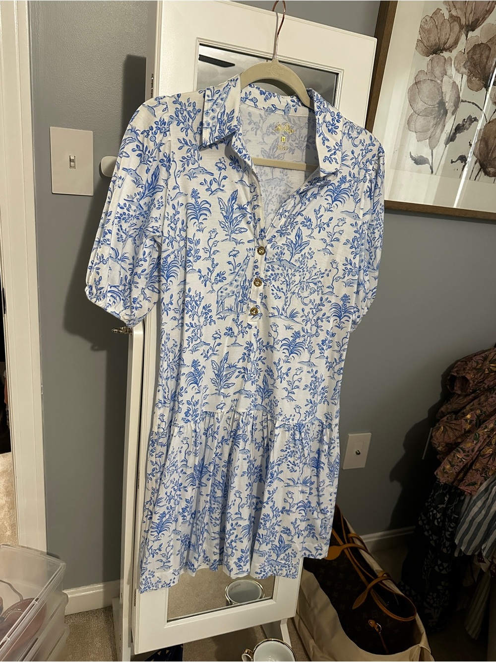 Lilly Pulitzer White Shirt Dress with Blue Floral Print Bingley dress